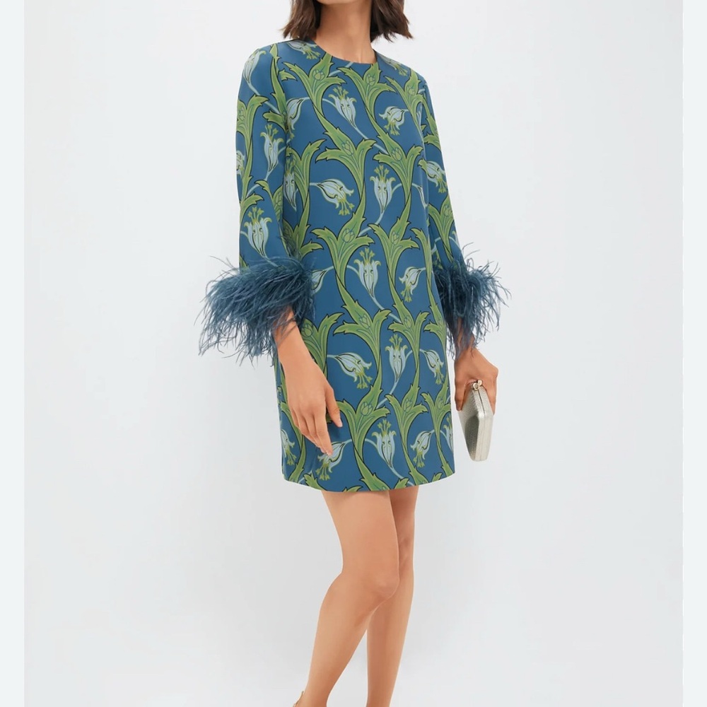 Tuckernuck Vibrant Blue and Green Feathered Mini Dress